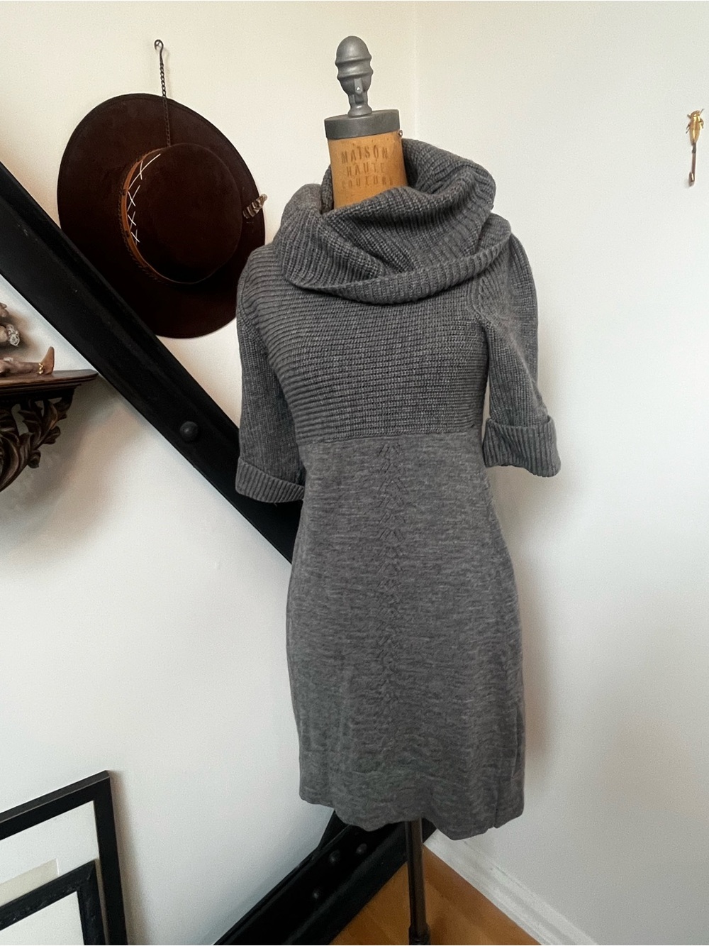 Gray Cowl Neck Sweater Dress - Women's Cozy Knit